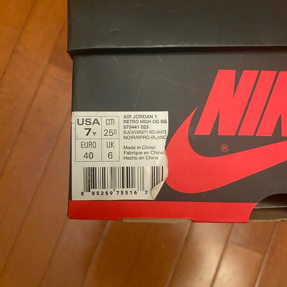 New In Box Nike Air Jordan 1 Retro High OG BG Black/Varsity Red-White size 7 - Picture 5 of 7